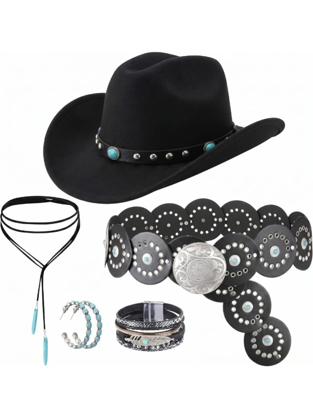 5-Piece Western Cowboy Hat Set with Belt & Choker - Perfect for Country Style!